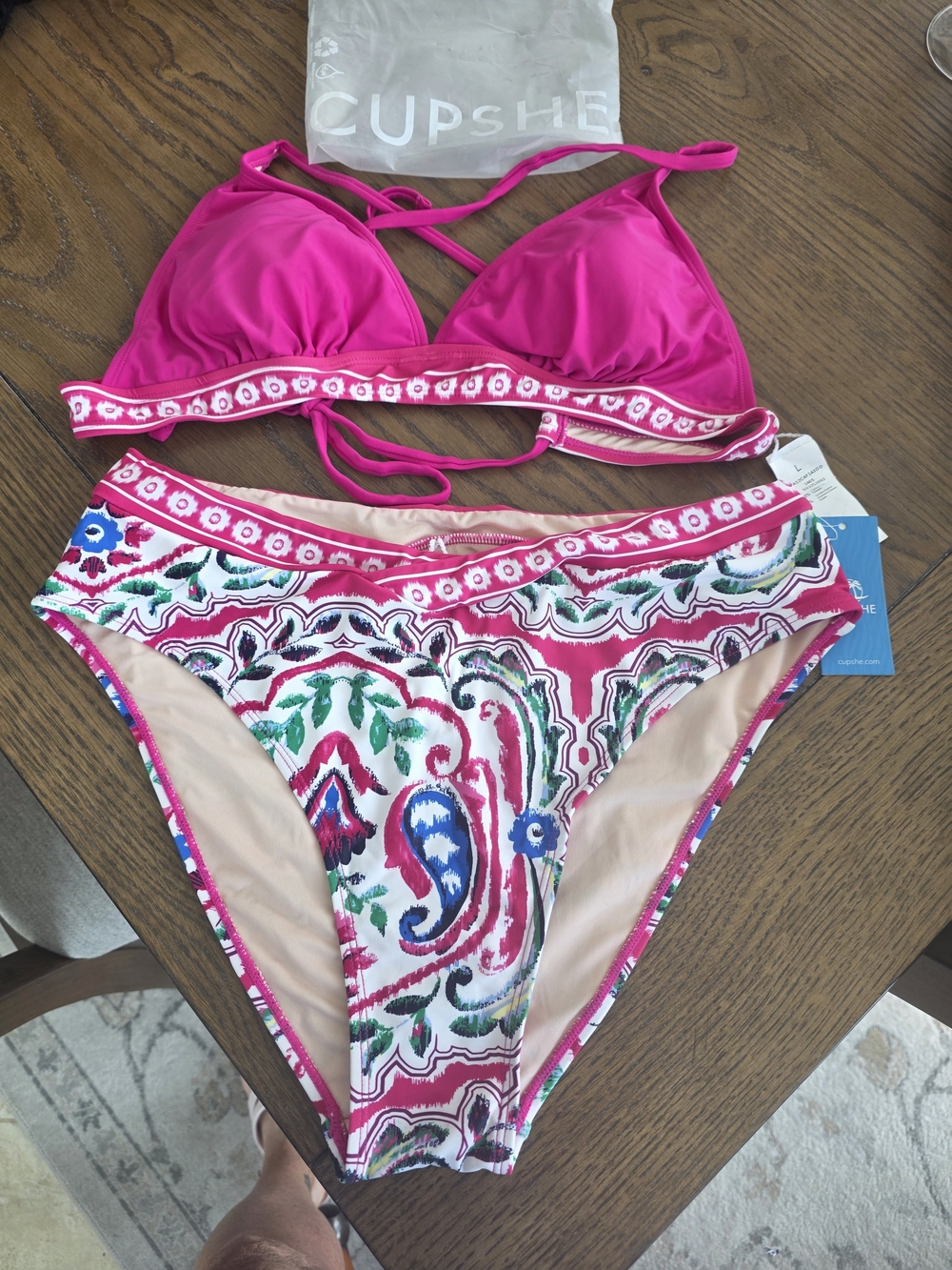 Cupshe Women's Hot Pink Triangle Bikini Set with Paisley Print Bottom